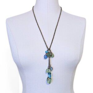 Long Y-Drop Beaded Necklace Statement Blue Green Glass Chain Retro Garden